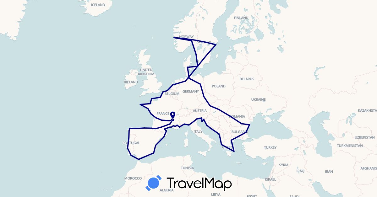 TravelMap itinerary: driving in Albania, Austria, Belgium, Bulgaria, Czech Republic, Germany, Denmark, Spain, France, Greece, Croatia, Hungary, Italy, Montenegro, Netherlands, Norway, Portugal, Romania, Sweden (Europe)
